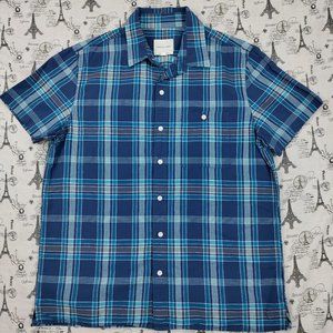American Eagle Blue Plaid Short Sleeve Button Down Shirt Size M